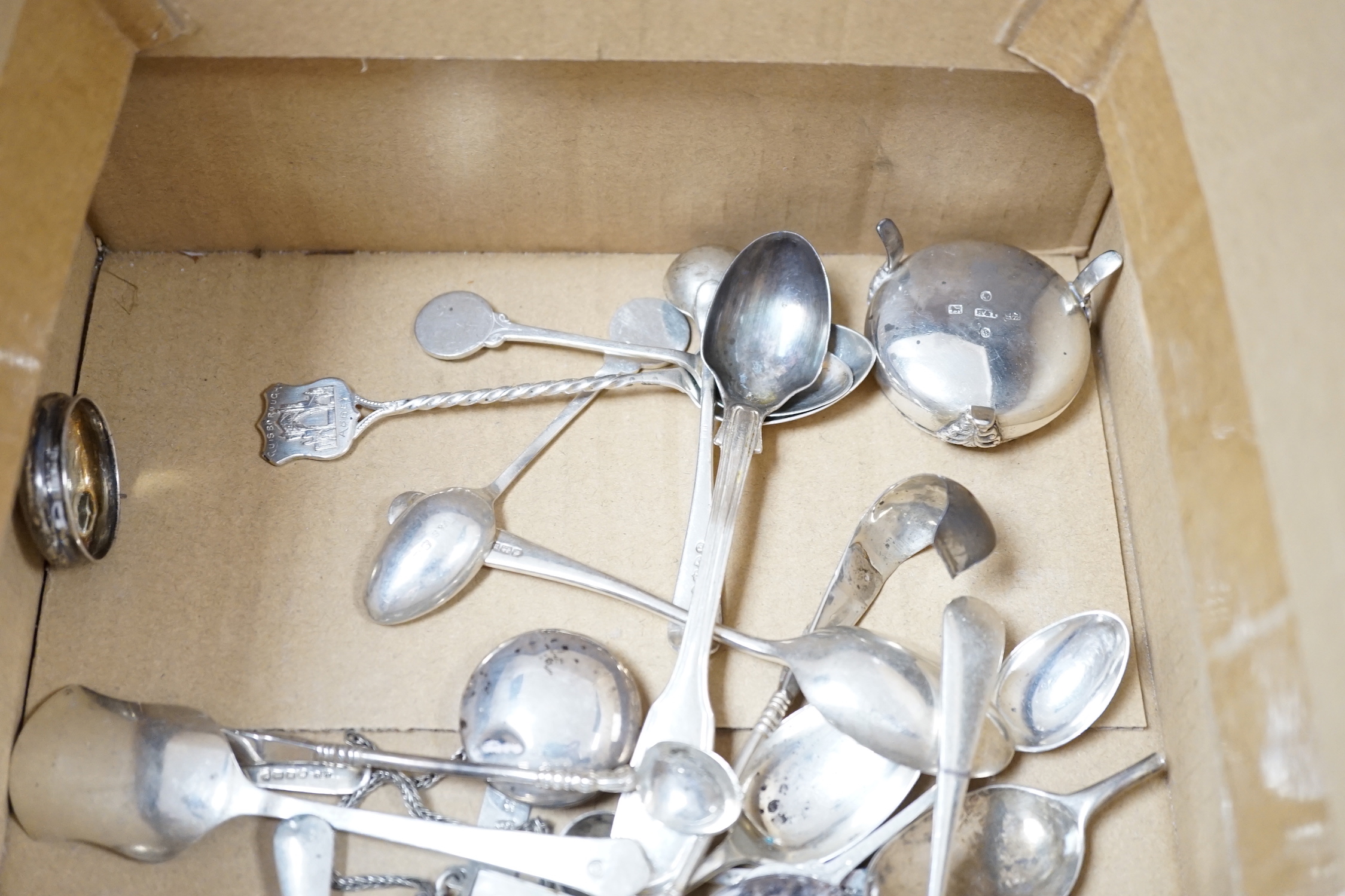 A group of small mainly silver or white metal items, including salts, dishes, flatware, etc.